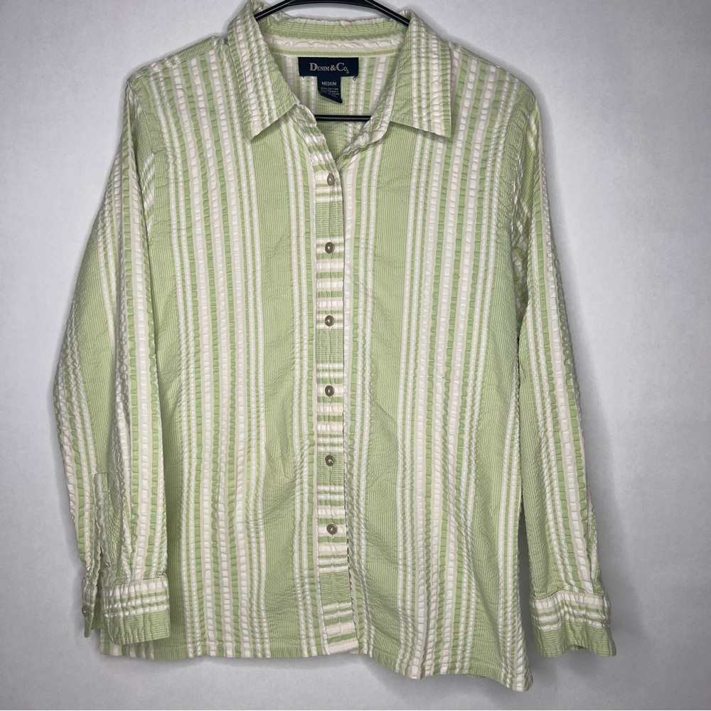 Denim & Co Company Long Sleeve Shirt M Striped Green Seersucker Button‎ Down Up